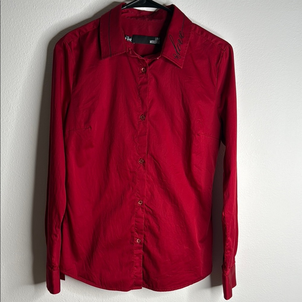 LOVE MOSCHINO Women’s Red Button Down Shirt with Love Collar – Size 6